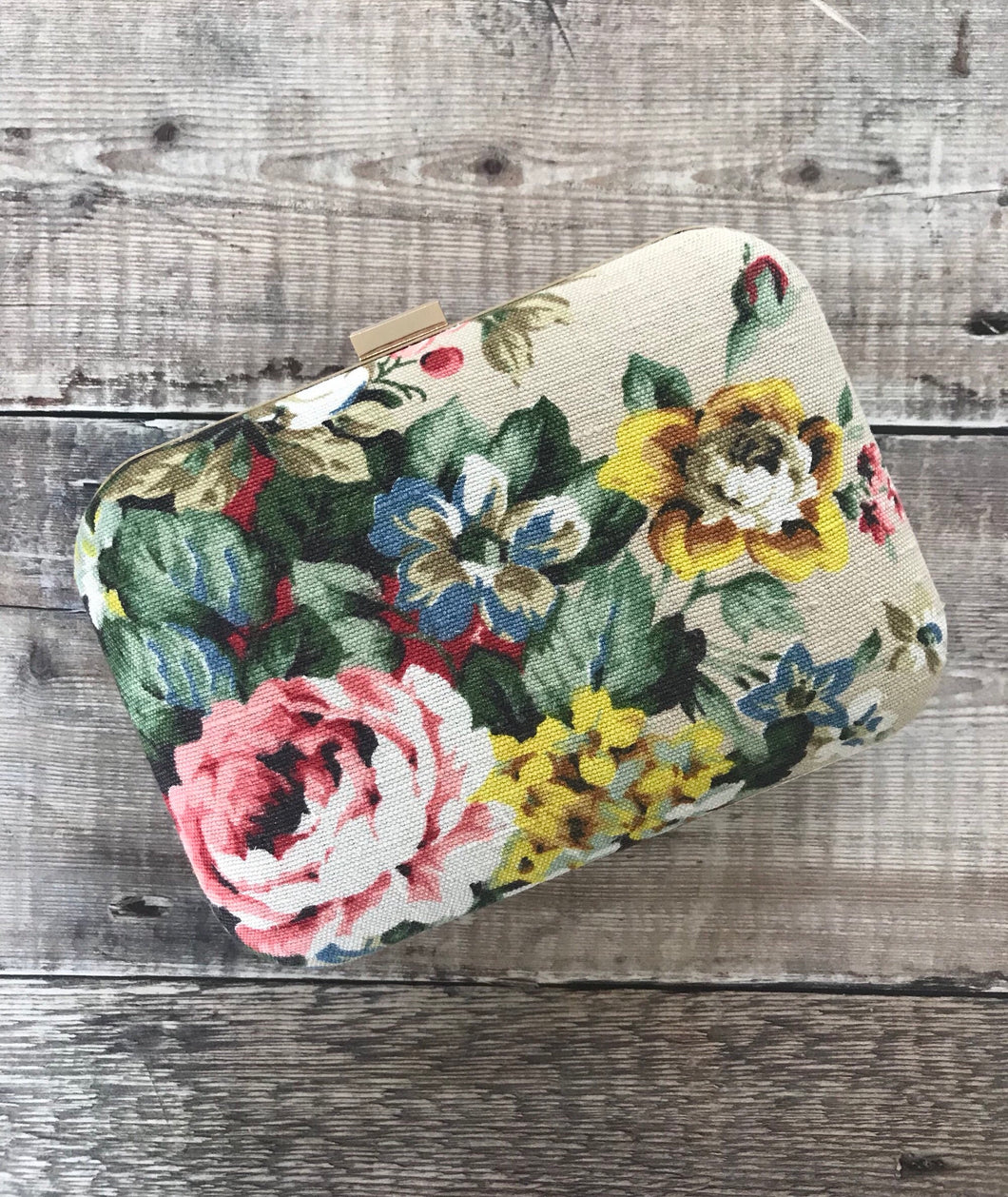 Rose Print Bark Cloth Clutch Bag