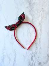 Alice Band in solid red satin, featuring a Tie Bow effect in Royal Stewart Tartan, very suitable for girls