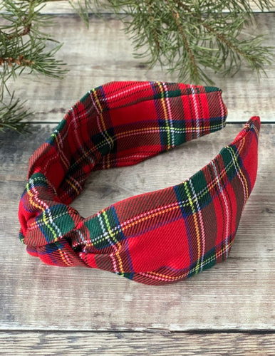 Royal Stewart Tartan Knotted headband. Royal Stweart is a classic Tartan in Red, Green Yellow white and Blue, a bright and bold check, it looks festive