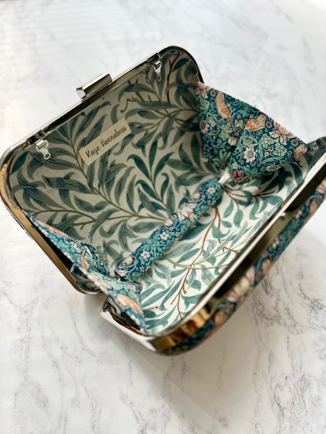 Strawberry Thief Clutch Bag William Morris duck egg Kaye Hannabuss Textiles