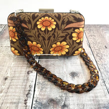 william morris blackthorn printed clutch bag, medium size. colours brown, tan and mustard