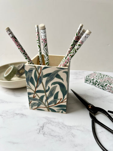 William Morris fabric covered wooden Pen Pot, desk tidy, dressing room organisation, william morris home decor. Wooden vase.