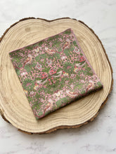 William Morris, Strawberry Thief Pocket Square. Cotton Fabric in a pink and pale green colour.