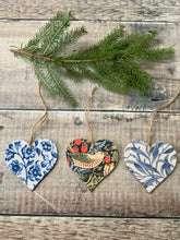 William Morris print Trio of Hearts Decorations