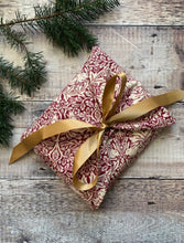 William Morris Brer Rabbit design in Burgundy and Ivory, furoshiki wrapping with Golden satin ribbons