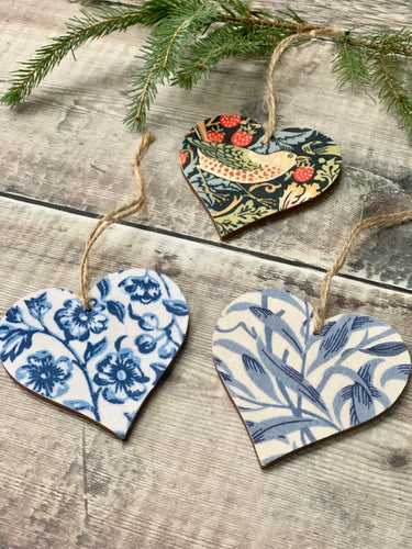 William Morris print Trio of Hearts Decorations