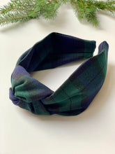 Black Watch Tartan Head band, knotted turban style headband, fabric knotted and covers a structured Alice band, colours Navy, forest green and blue.