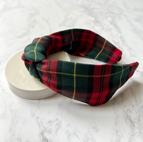 Cameron Tartan Knotted headband, Classic tartan In Red, Green, Black and Yellow, fabric knotted over a structured headband.