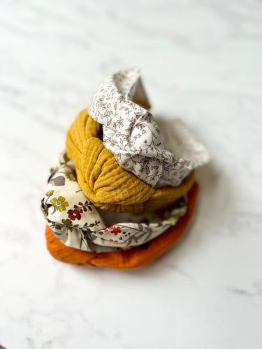 Knotted Headbands, in a selection of autumnal fabrics, including, Liberty Printed cottons and Crinkle Double Cotton 
